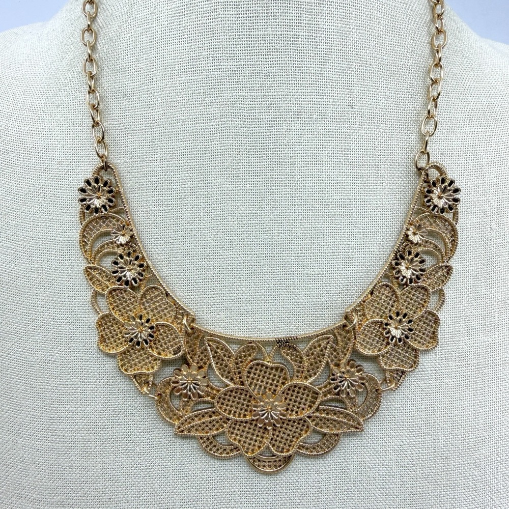 Gold Tone Floral Filigree Bib Necklace Black Enamel Boho Statement Jewelry Gift